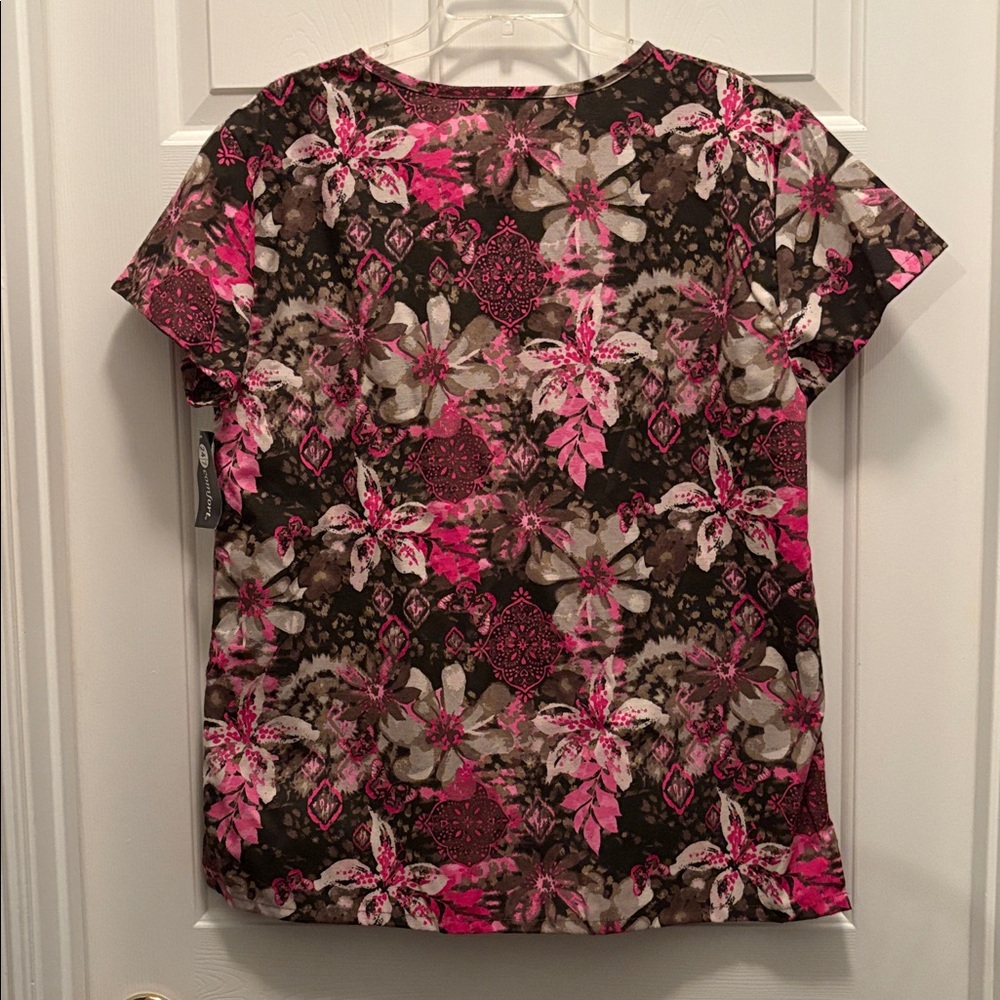24/7 Comfort Scrubs Pink and Brown Floral Scrub Top - Picture 2 of 2